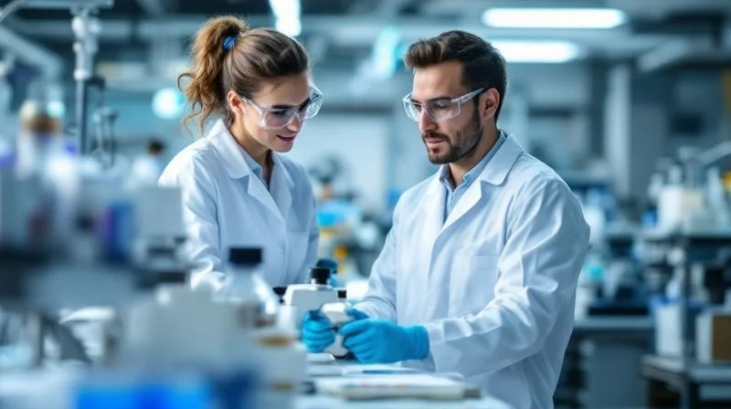 Ausbilder zeigt einer Auszubildenden in einem Iserlohner Pharma-Labor eine Probenpräparation