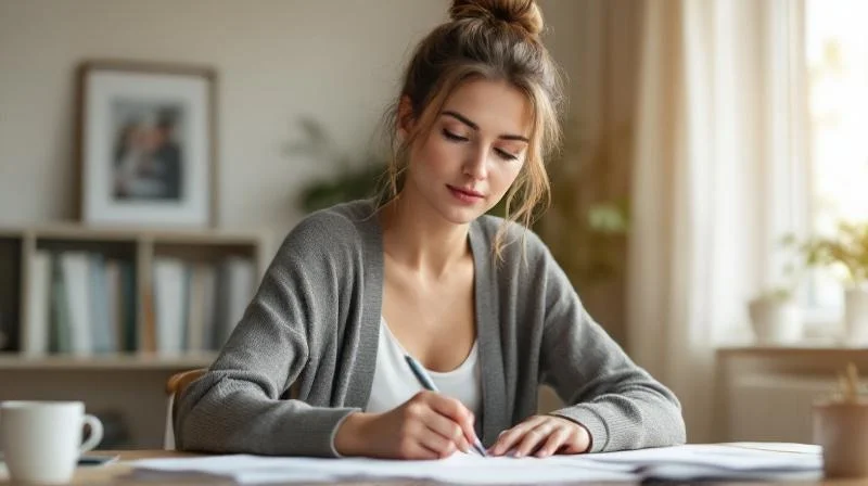 Frau fuellt Formulare am Schreibtisch in einer hellen Wohnung in Iserlohn aus