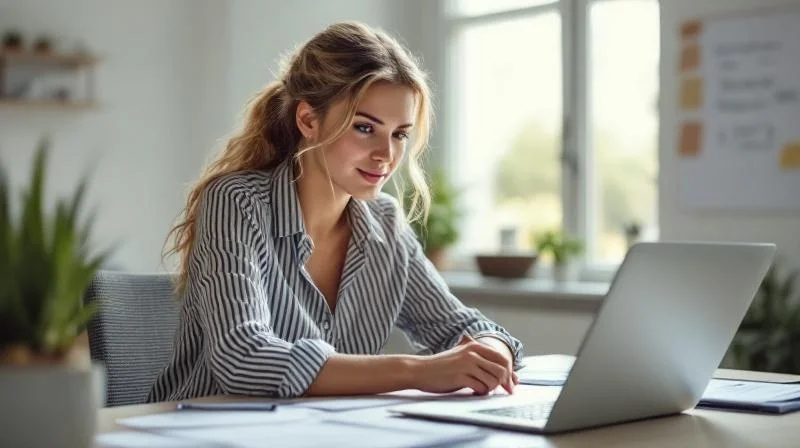 Frau im Homeoffice in Iserlohn mit Lernunterlagen neben dem Laptop