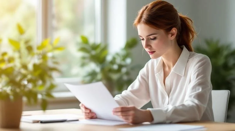 Teilnehmerin liest Unterlagen an einem Schreibtisch in einem hellen Büro
