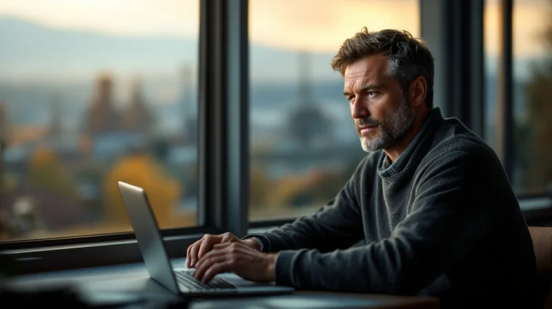 Iserlohner Sachbearbeiter am Laptop im Industriebüro, im Hintergrund Sauerland-Landschaft