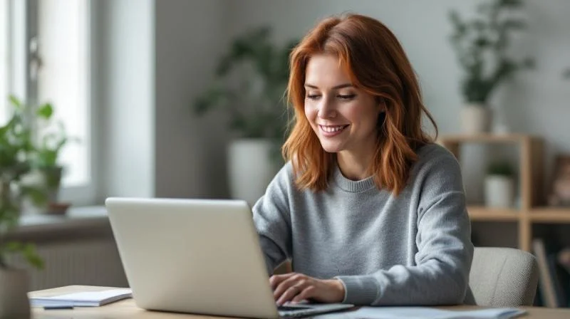 Frau lernt am Laptop in einem modernen Homeoffice in Iserlohn