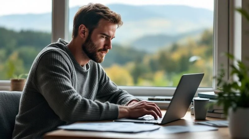 Quereinsteiger arbeitet am Laptop in einer Iserlohner Wohnung mit Sauerland-Blick