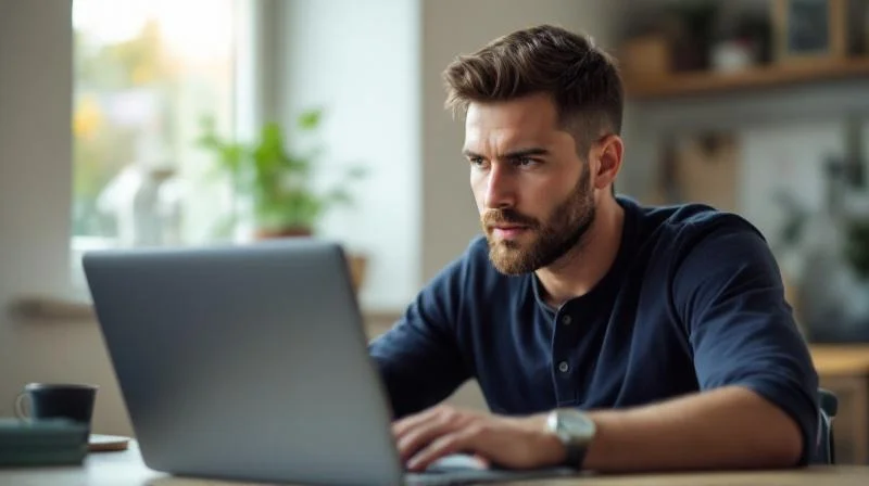 Mann sitzt konzentriert am Laptop in einem Homeoffice in Iserlohn