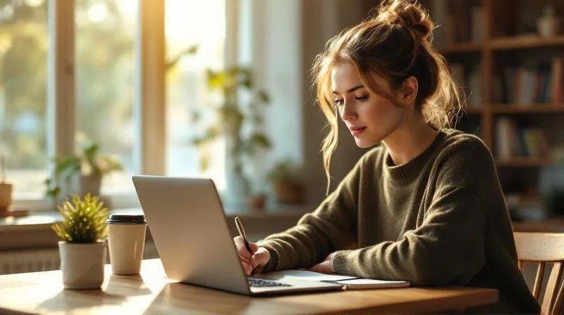 Frau lernt am Laptop in einem hellen Raum mit Blick auf die Iserlohner Altstadt