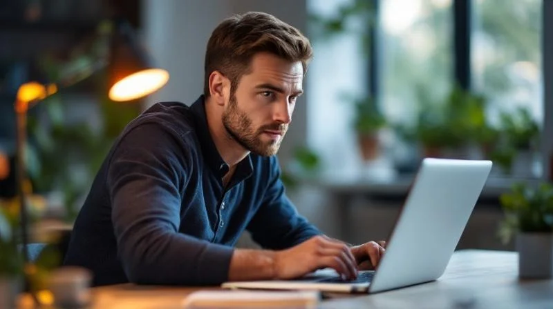 Mann arbeitet konzentriert am Laptop an einem Schreibtisch in Iserlohn